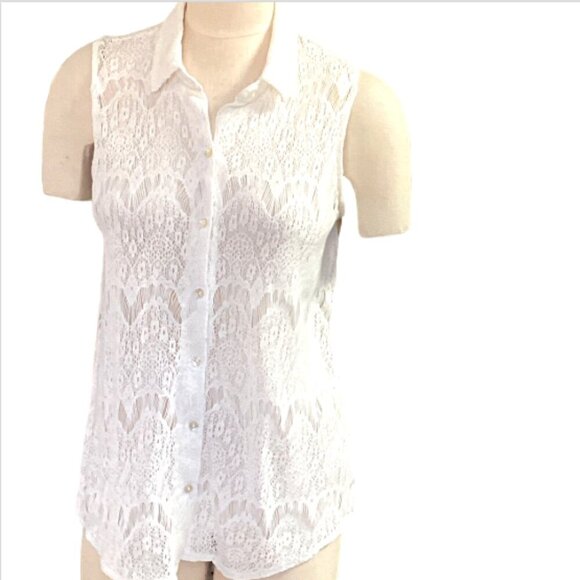Kirra Lace Sleeveless Button-Down Shirt w/ Cutout Back Sz L Cream White 228P - Picture 1 of 7